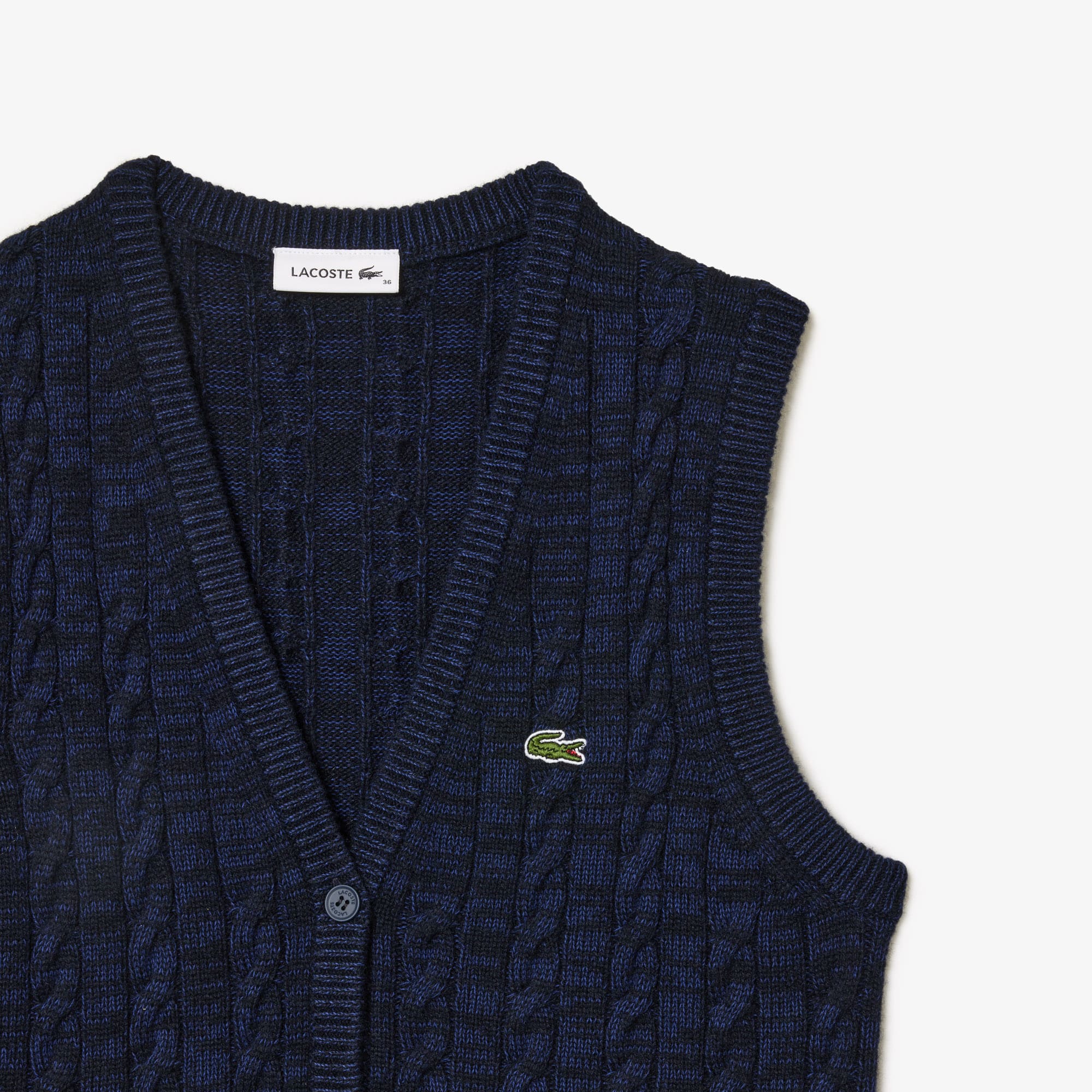 Cardigan sans manche à torsades en coton et laine Pullovers - Bleu - Lacoste - Femme
