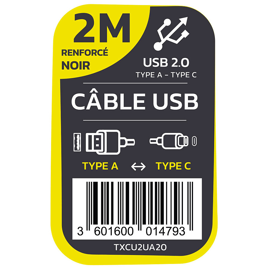 TEXTORM Câble USB-C vers USB-A 2.0 - Mâle/Mâle - 2 m