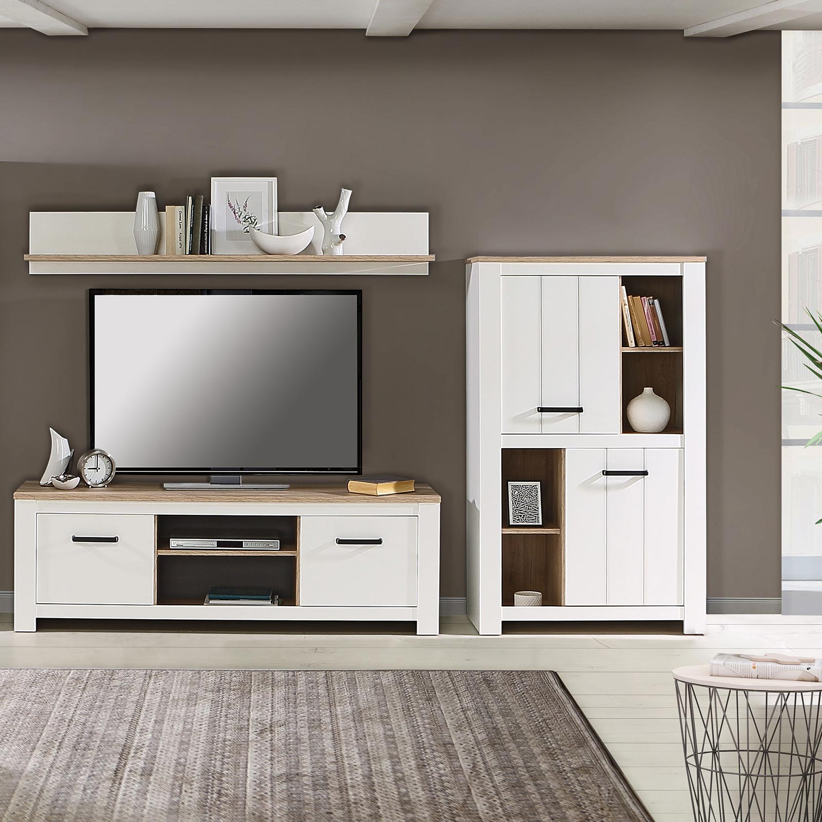 3-teiliges Wohnwand-Set - weiß - Bianco Eiche