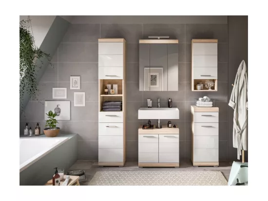 Meuble sous vasque LEWOTO – 2 portes – Blanc et chêne clair
