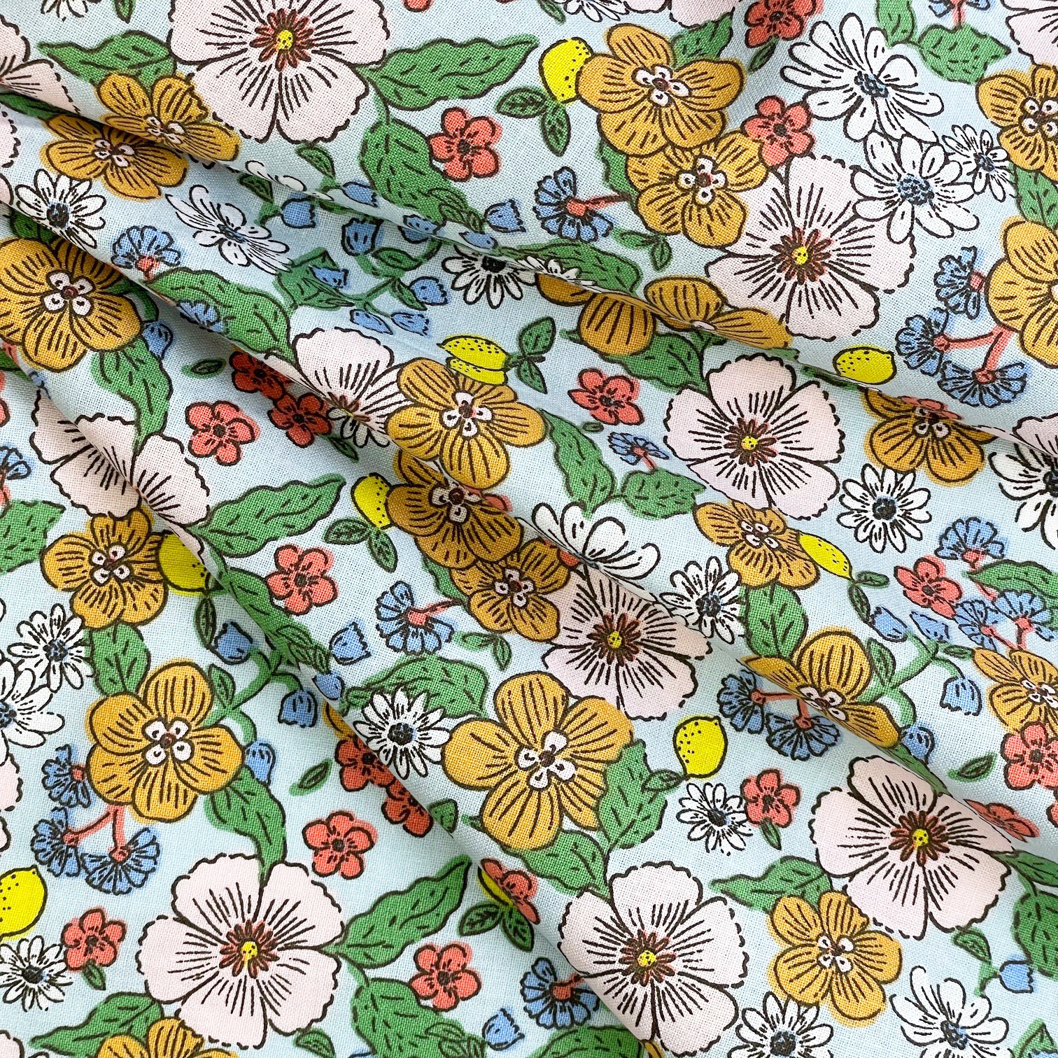 Coupon Tissu 50 Cm Ex2525 Fleurs Et Citrons Vert Jaune