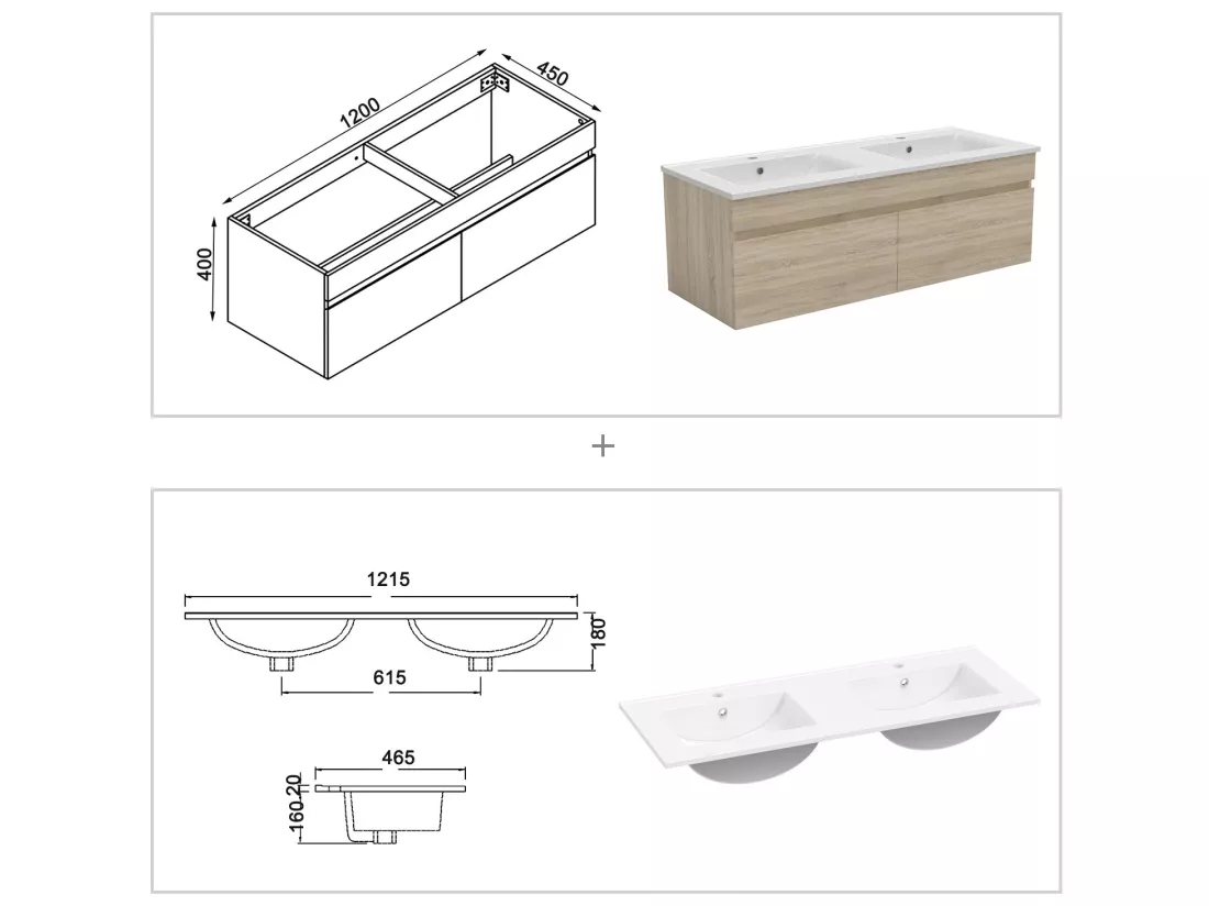Ensemble Salle De Bain 120cm Chêne Wotan meuble + miroir + colonne + double vasque, Aica
