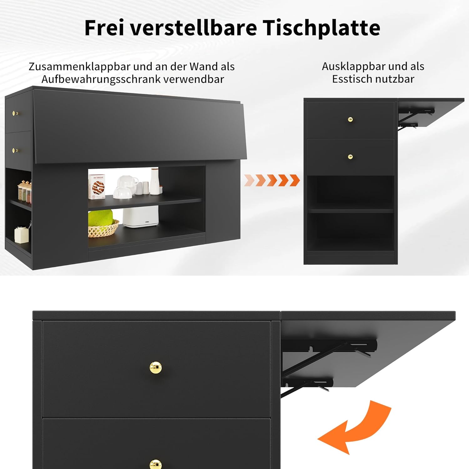 Küchenzeile mit Esstisch-Funktion, Moderne Insel mit Schubladen und Aufbewahrung, Klappbarer Küchenschrank für kleine Küchen, 140x40x90 cm,Schwarz