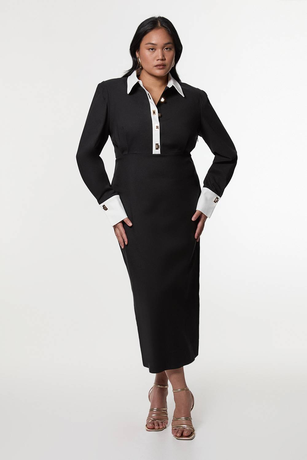 KarenMillen Robe Maxi Tissée en Coton Techno Grande Taille Avec Patte de Boutonnage Contrastante