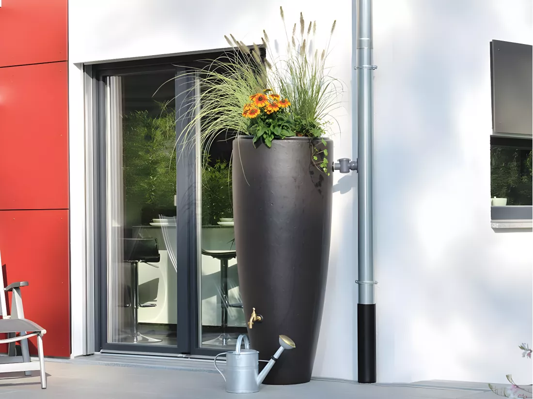Récupérateur d'eau de pluie 2 en 1, 300L avec bac à fleurs - Moka - Garantia