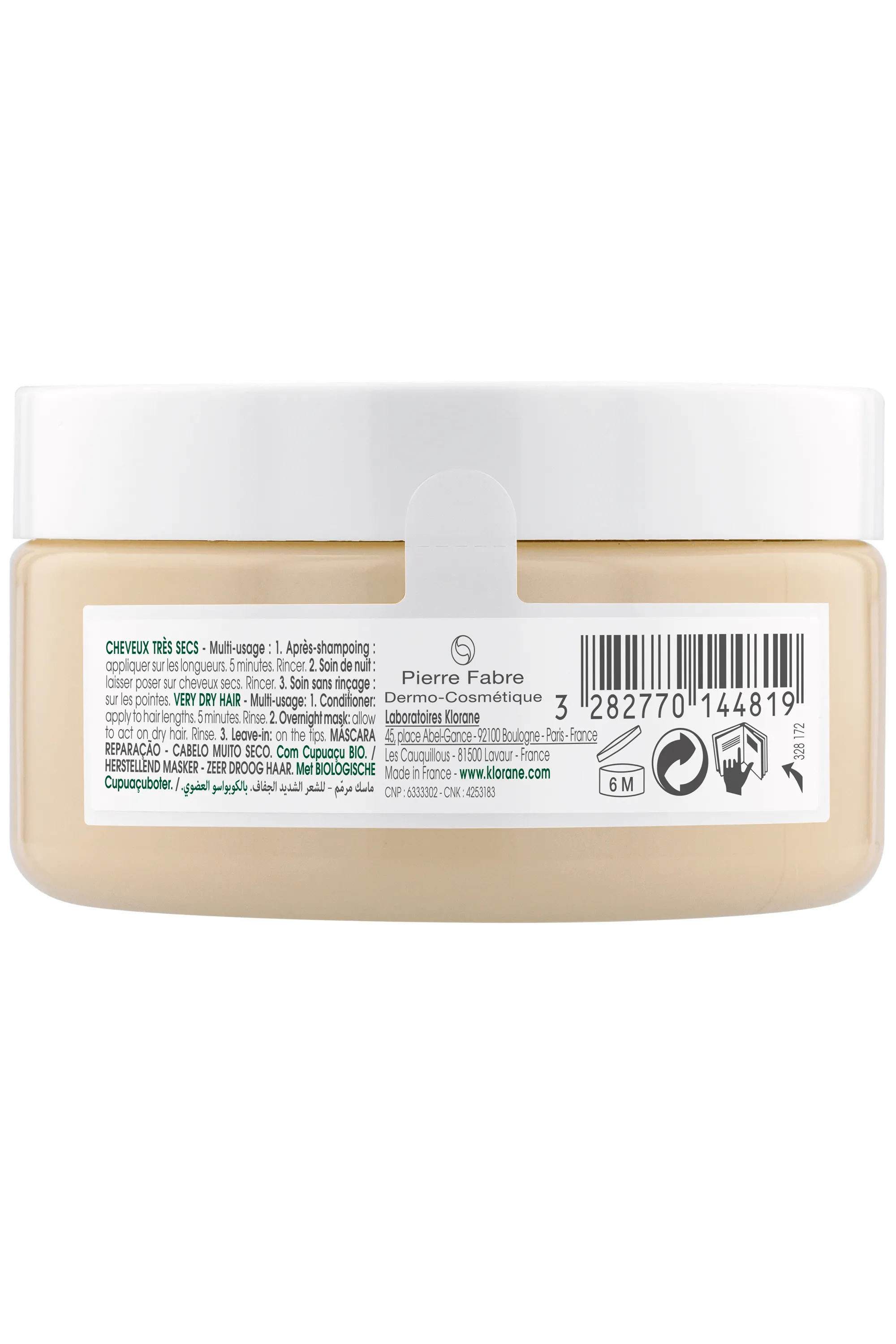 Klorane Masque nutritif et réparateur 3 en 1 beurre de Cupuaçu bio pour cheveux très secs-150 ml