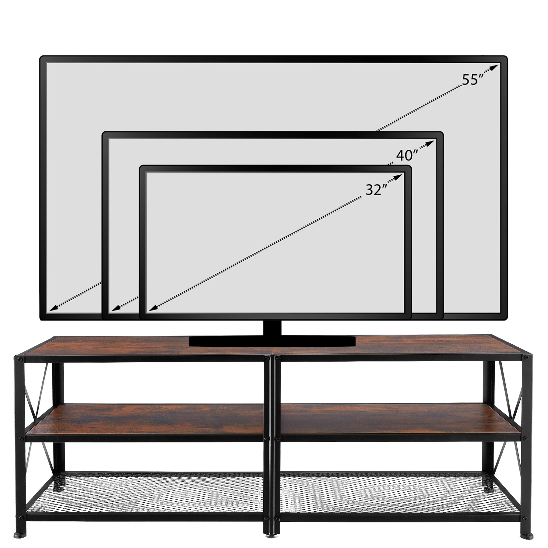 tectake® TV-Regal, Industrial Style, 3 offene Etagen, seitliche X-Streben, 141 x 41,5 x 50,5 cm