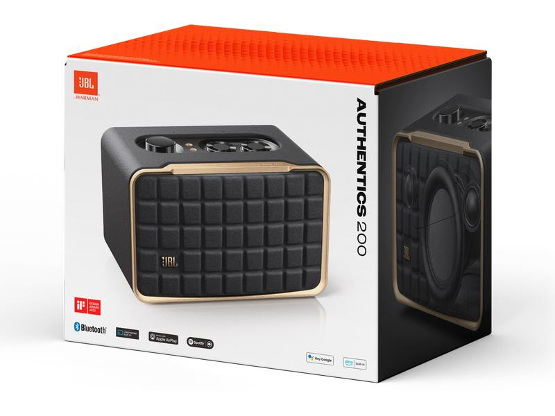 JBL Bluetooth Speaker Authentics 200 Schwarz Smart-Home-Lautsprecher mit WLAN, Bluetooth und Sprachassistent im Retro-Design