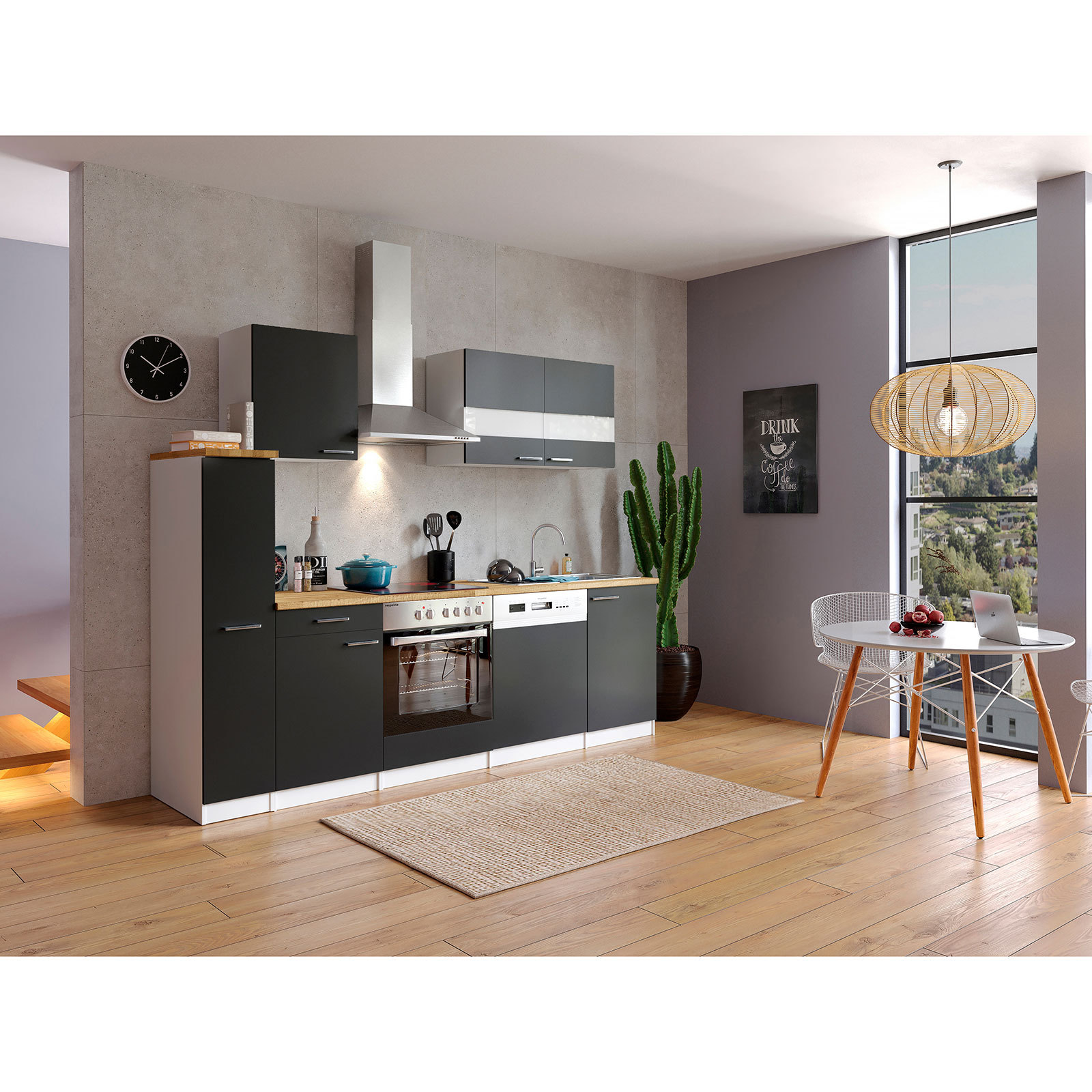 RESPEKTA Küchenblock - schwarz-weiß - mit E-Geräten - 250 cm