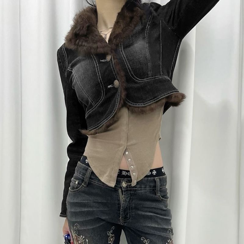 Honey River - Gewassen denim jack met kraag en imitatiebont en knopen