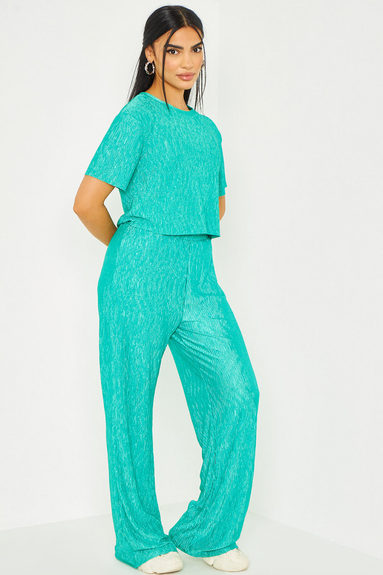 Ensemble crop top + pantalon texturés vert