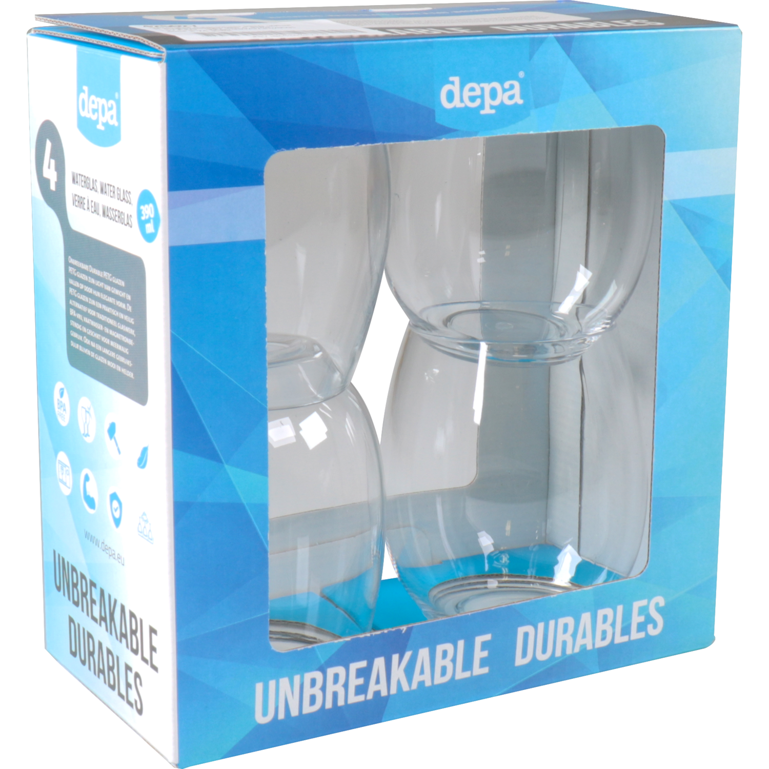 Depa Glas, waterglas, reusable, onbreekbaar, pETG, 390ml, transparant