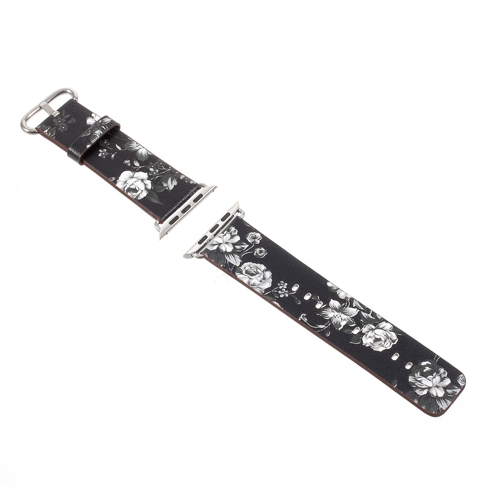 Apple Watch (49/46/45/44 mm) Ersatz Leder Armband Graue Blumen - Schwarz
