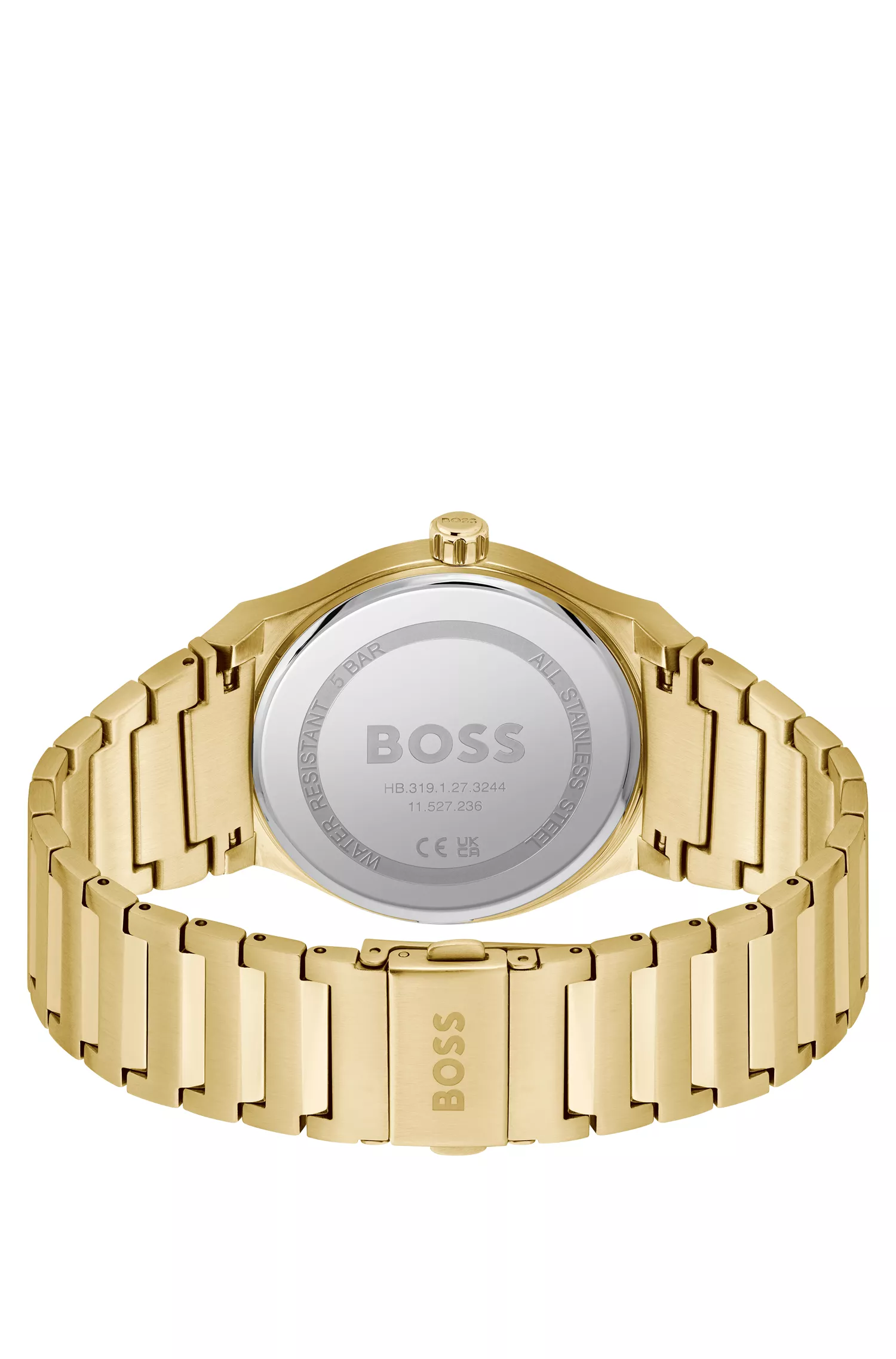 Relógio BOSS com mostrador preto e pulseira de elos dourados.