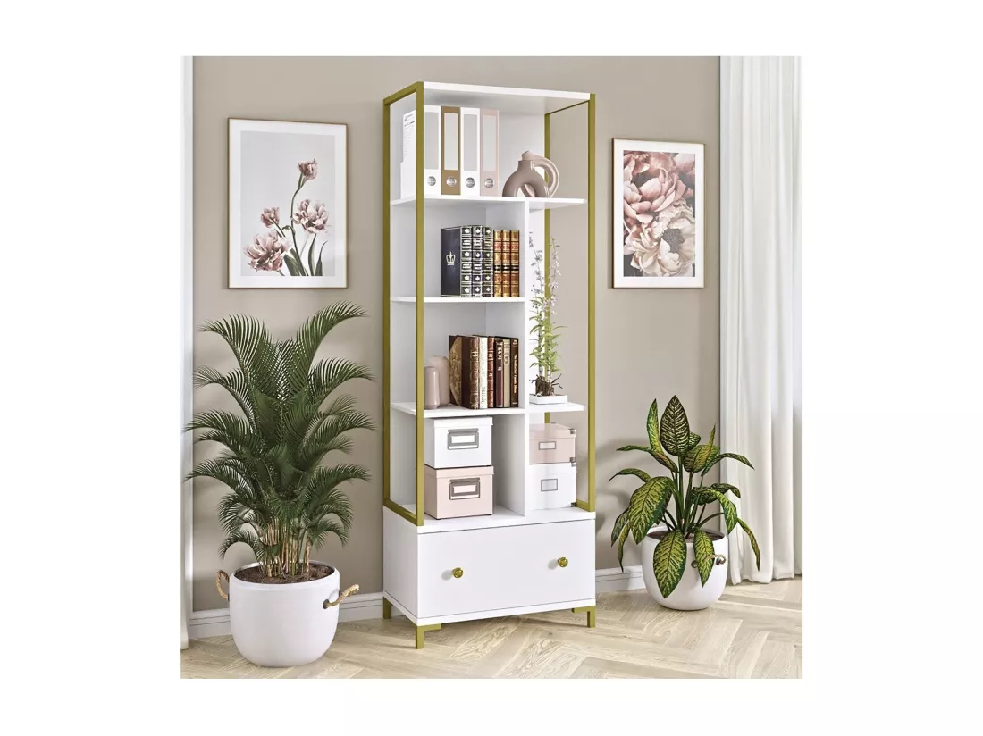 Bibliothèque collection DOUGLAS avec nombreux rangements et finitions dorées, 70 x 200 x 42 cm