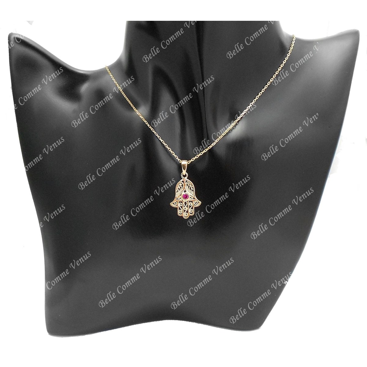 Collier main de Fatma oxyde de zirconium rose Plaqué OR 750 3 microns