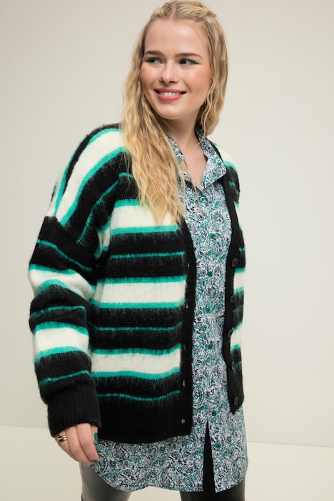 Strickjacke, oversized, Streifen, V-Ausschnitt