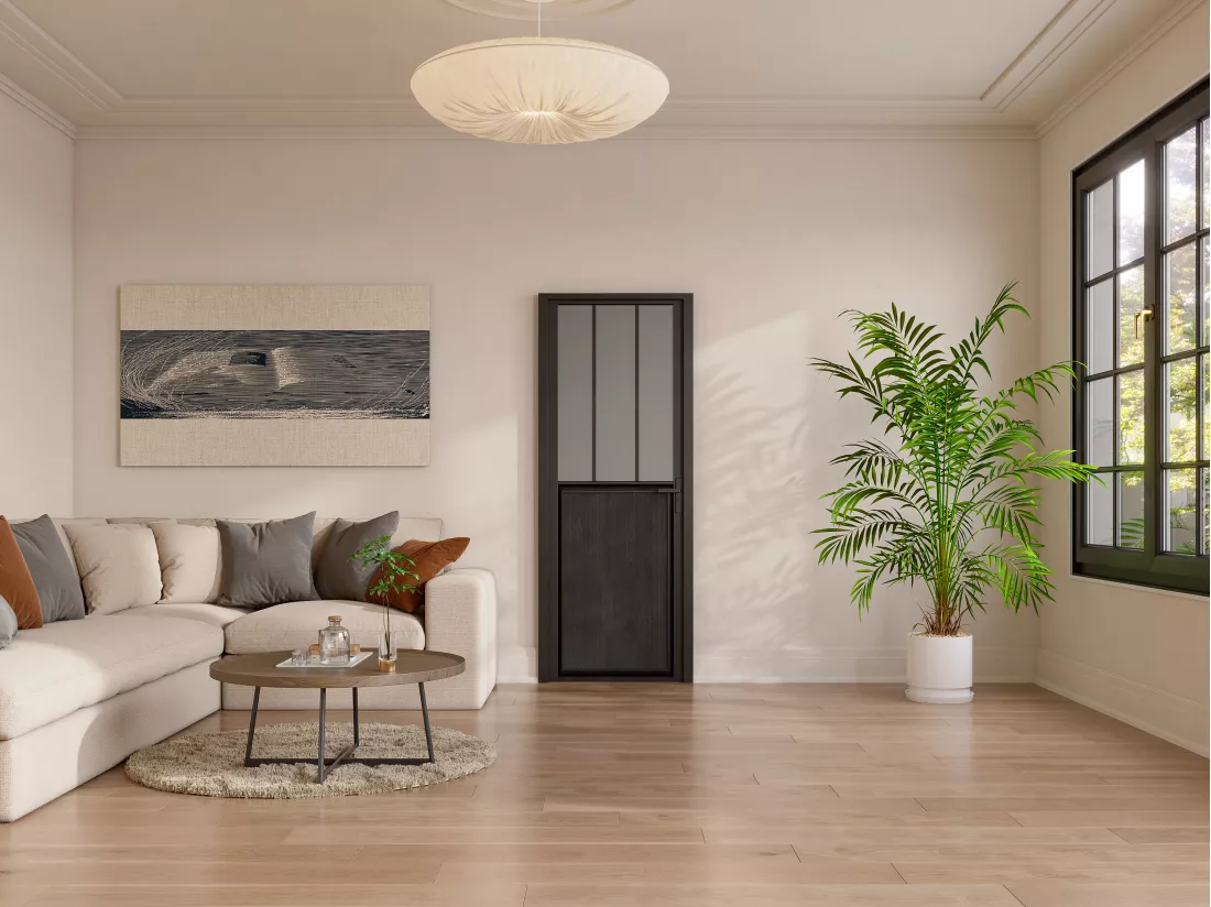 Bloc porte réversible en aluminium et verre trempé dépoli style atelier - H204 x L93 cm - Noir - ERMELO