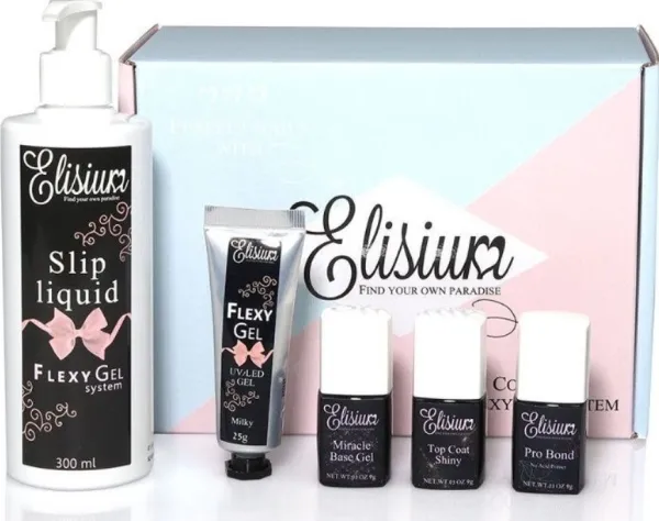 ELISIUM_SET Set Maxi FlexyGel Pro Bond   Miracle Base Gel   Top Coat Shiny   FlexyGel Milky & Slip Liquid