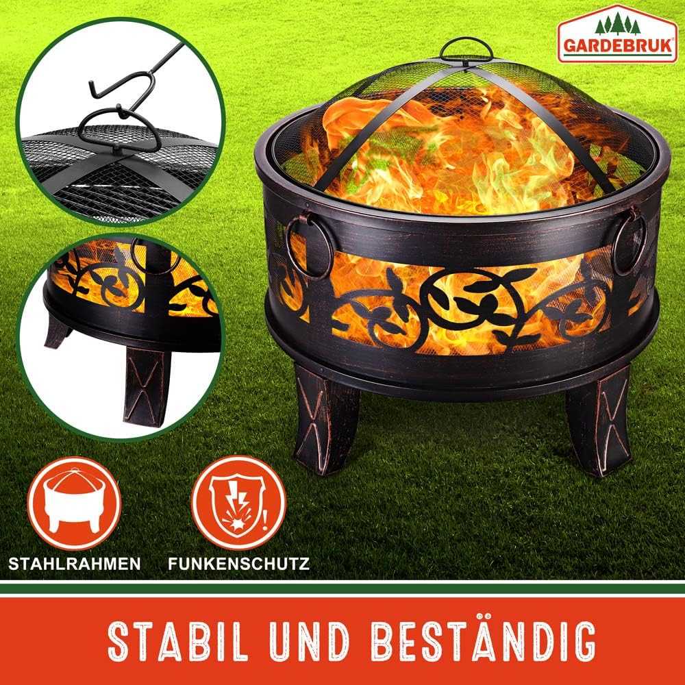 GARDEBRUK® Feuerschale mit Funkenschutz Rund Ø66cm Schürhaken Abdeckung Schwarz Modern Terrasse Garten Feuerstelle Feuerkorb Kamin Ofen Holz Grill