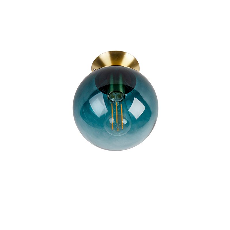 Art deco plafondlamp messing met oceaanblauw glas - Pallon