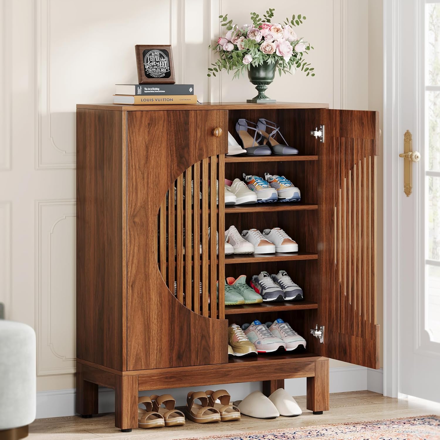 Tribesigns Schuhschrank, Schuhregal mit 5 Ebenen, Schuhkipper Schmal mit Lamellentüren, 20 Paar, mit verstellbaren Regalen, Holzregal Organizer für Eingangsbereich, Flur, Wohnzimmer (braun)