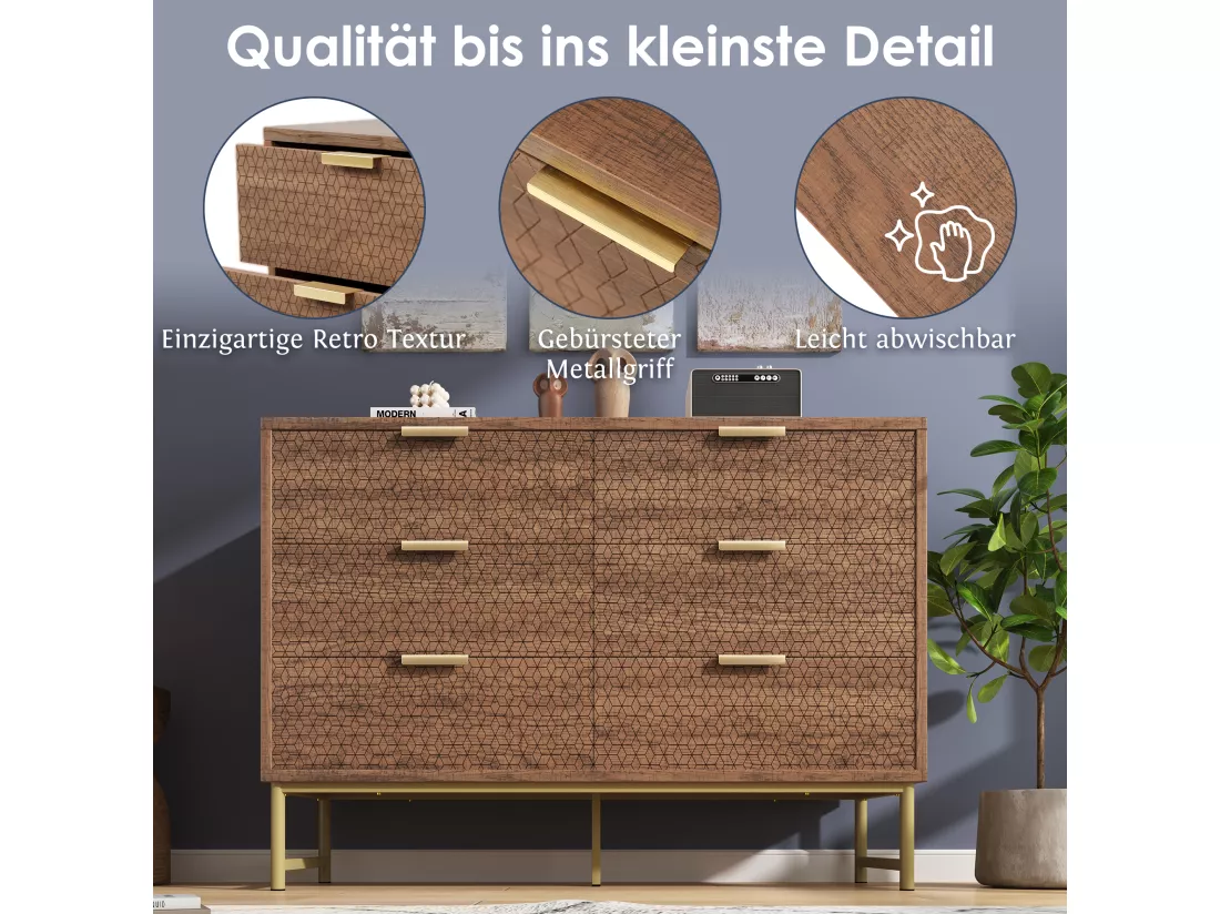 Commode avec 6 tiroirs, anti-basculement, 120 x 40 x 75 cm, panneau de particules et métal, noyer