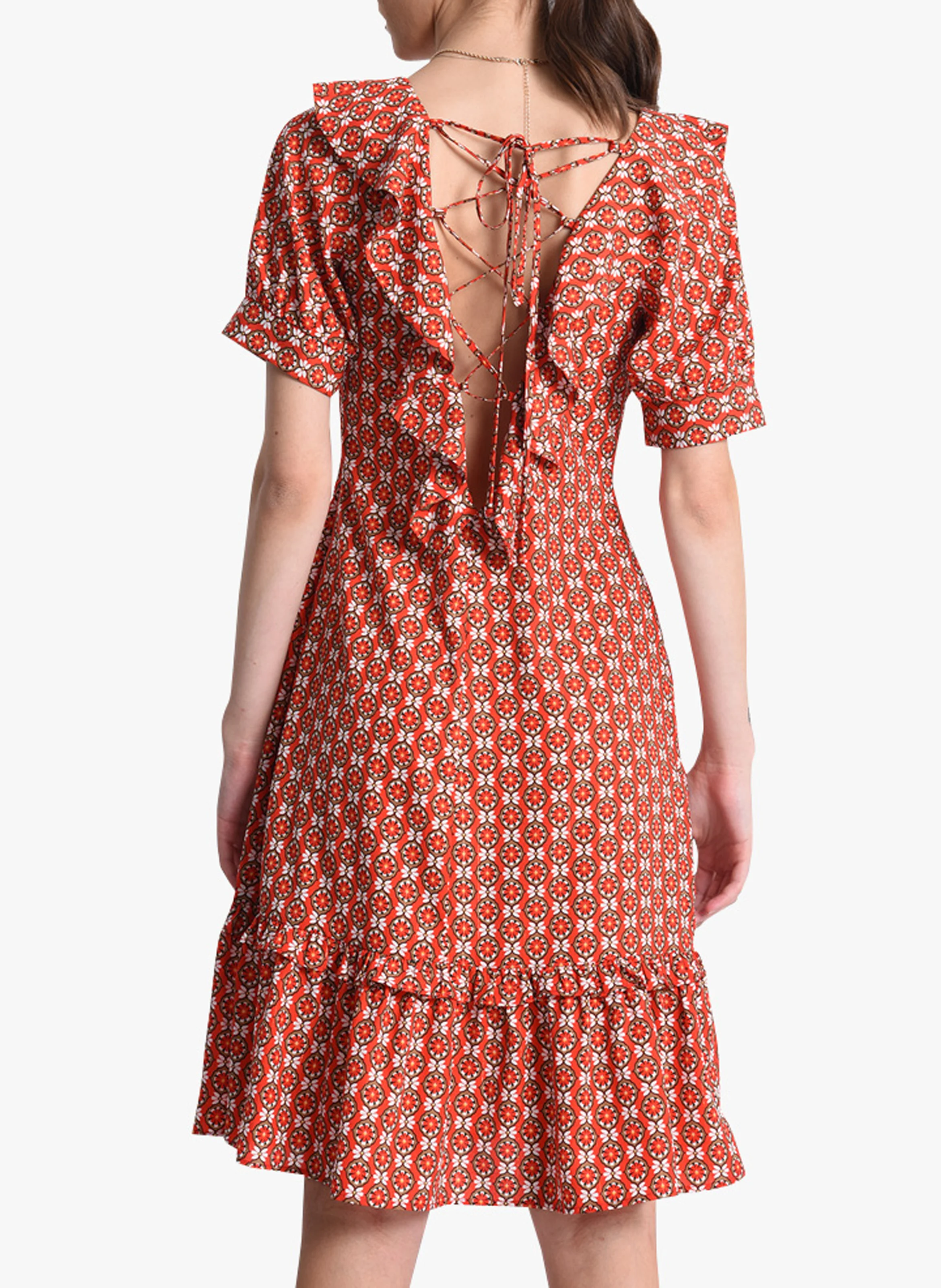 Robe midi col rond imprimée fleuri| Orange