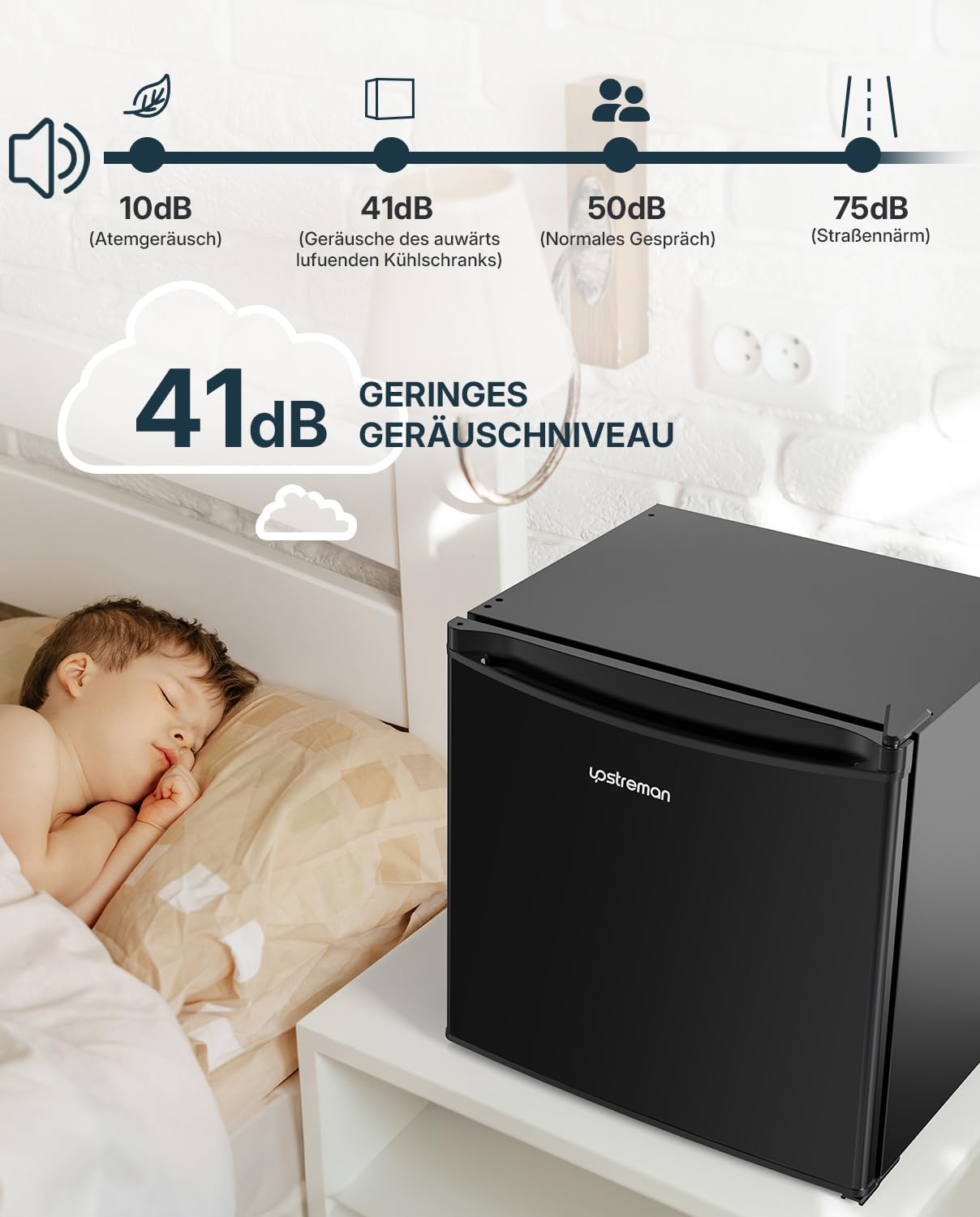 Upstreman 46L Mini-Kühlschrank mit Gefrierfach, Energiesparend und Leise - Kleiner Kühlschrank Ideal für Schlafzimmer und Wohnräume