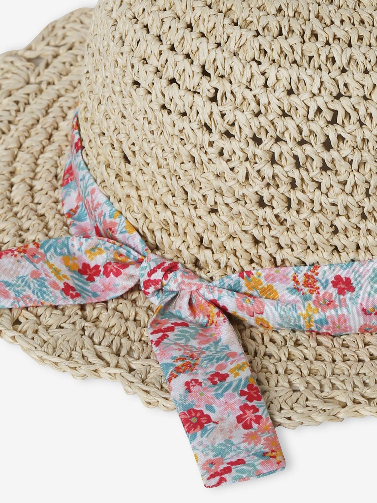 Chapéu de crochê com aparência de palha e laço estampado para meninas, bege areia