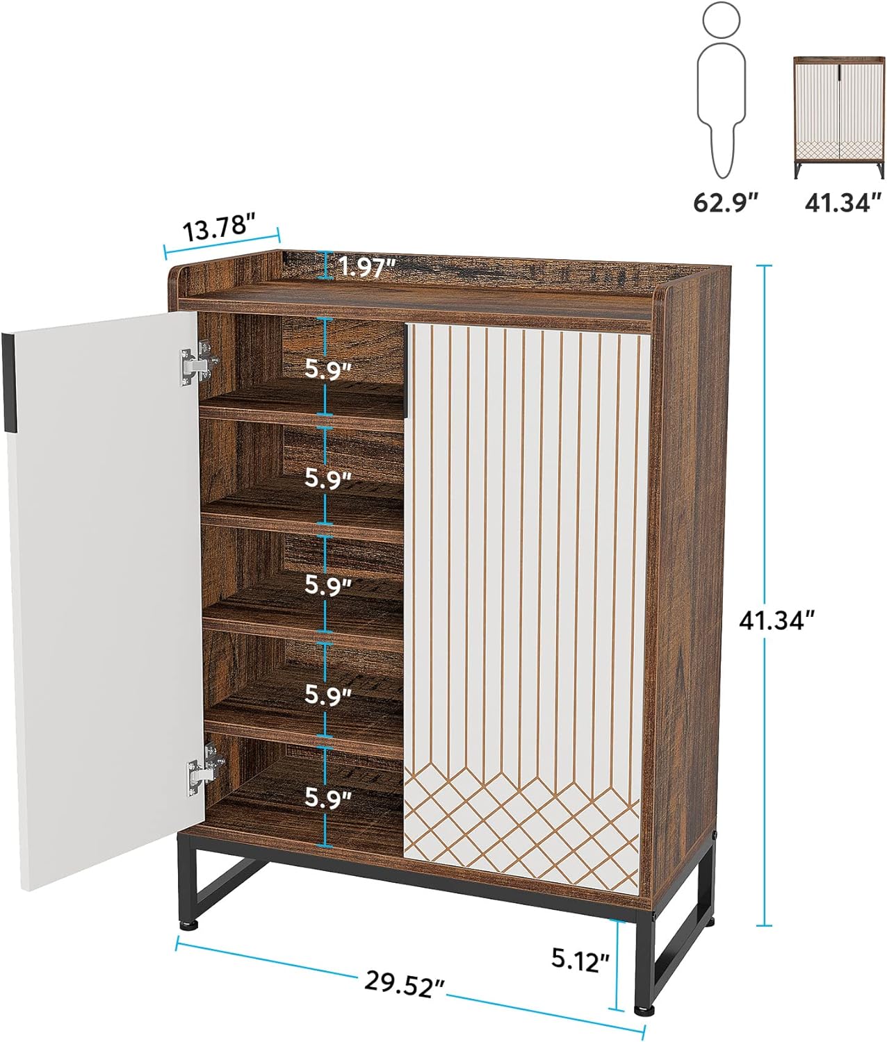 LITTLE TREE Moderner Schuhschrank mit Türen für bis zu 25 Paar Schuhregal aus Holz, 5 Ebenen, für Eingangsbereich, Schlafzimmer, Flur, Wohnzimmer, tiefes Walnuss und Weiß, Technisches, Metall, Large