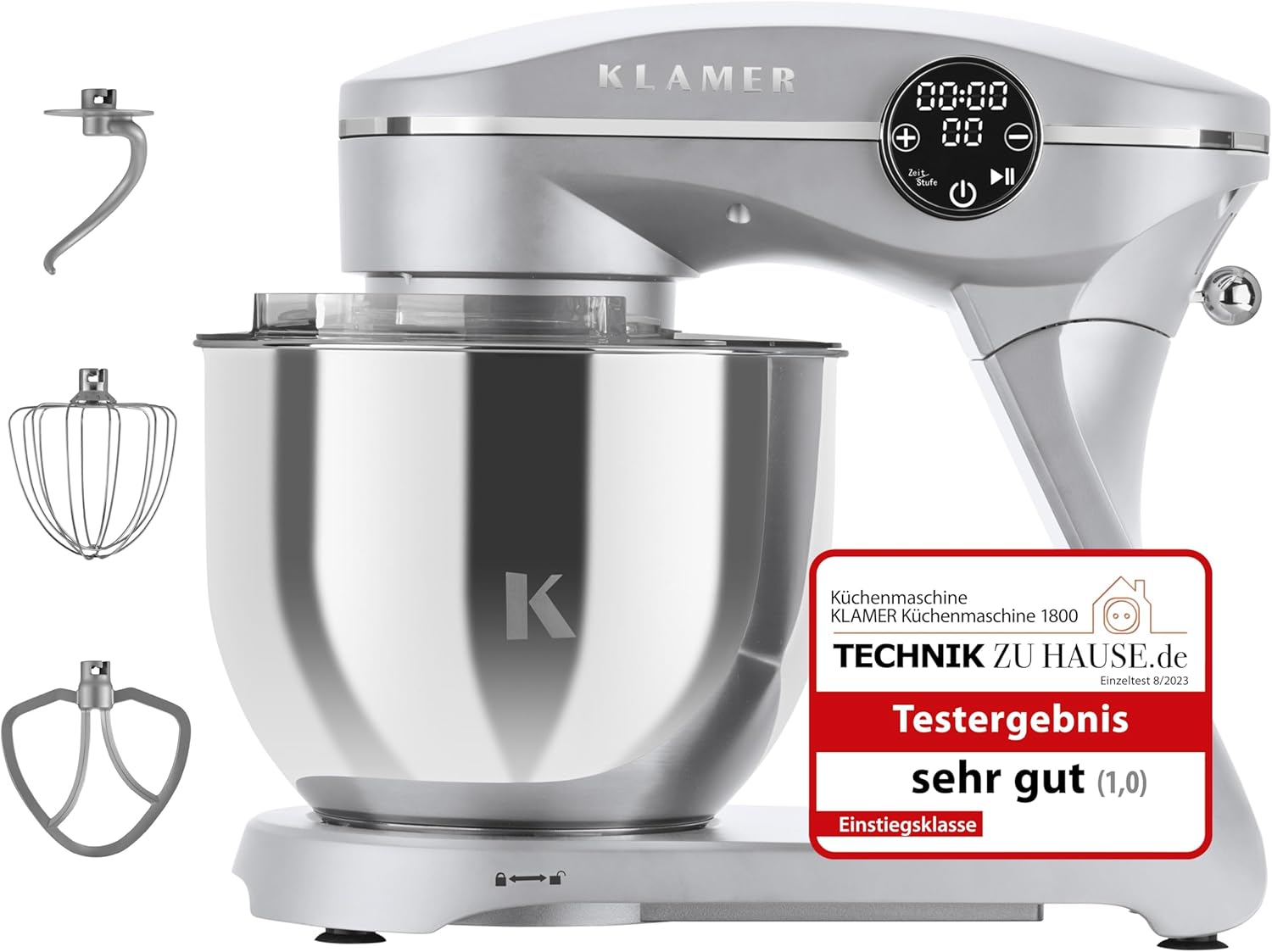 KLAMER Küchenmaschine 1800W, Knetmaschine Brotteig mit Edelstahl-Rührschüssel 6 L, 10 Stufen mit Timer, Planetenrührwerk, Rührbesen, Knethaken, Schneebesen & Sichtdeckel (silber)