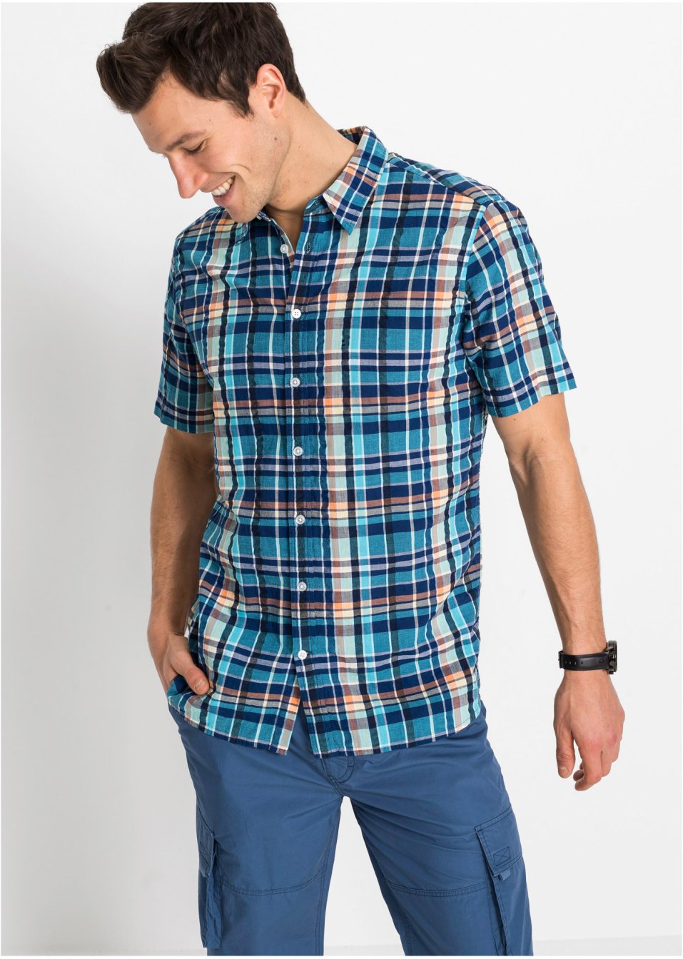 Chemise manches courtes en seersucker confort pour le ventre