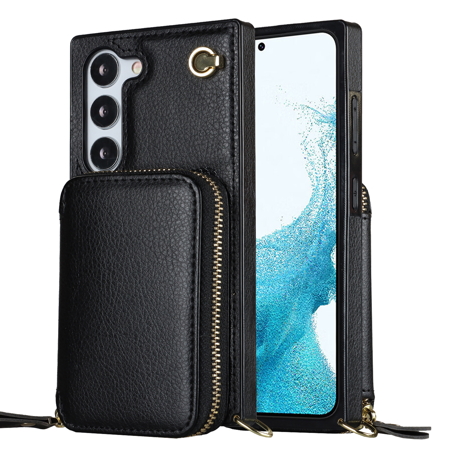Samsung Galaxy S23 5G Necklace Leder Schutz Hülle mit Kartenfächer   Handykette (140cm) - Schwarz