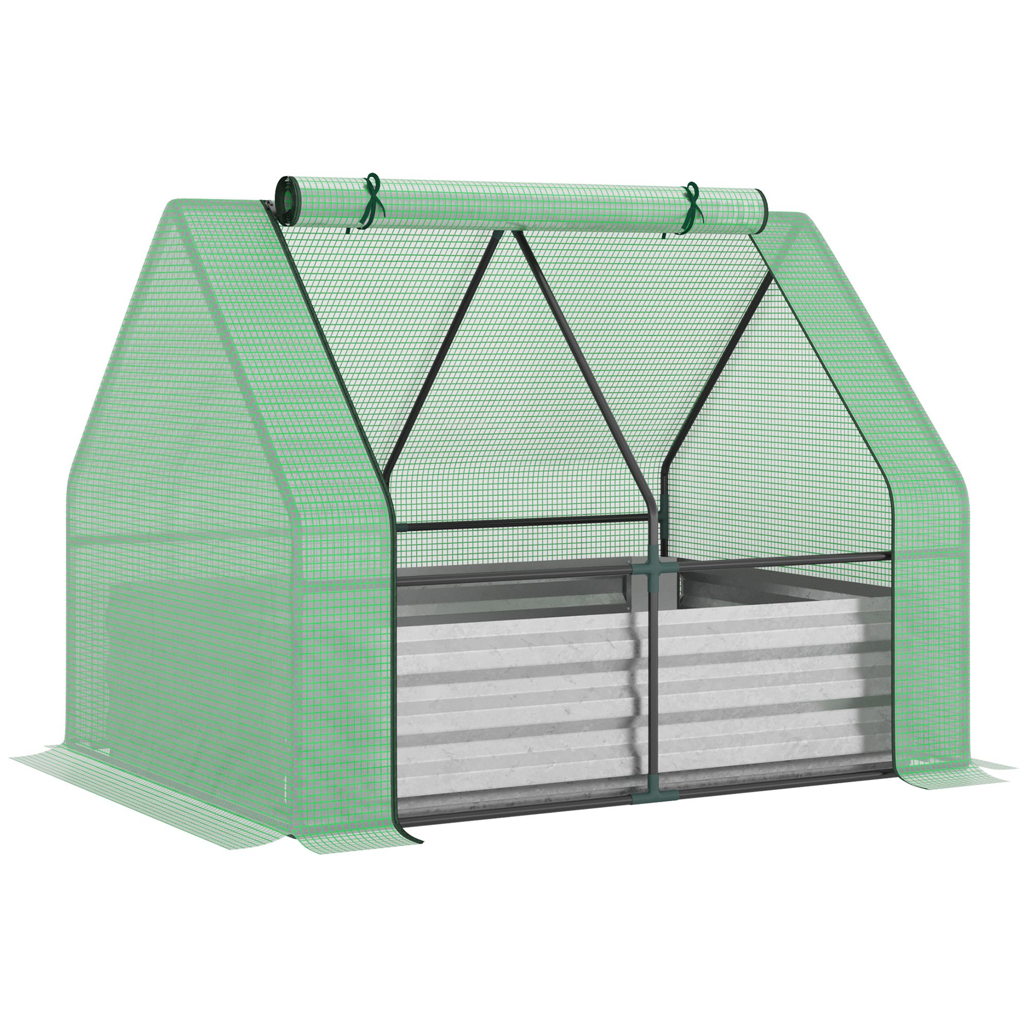 Jardim urbano Outsunny com estufa, 127x95x92 cm, tipo galpão, com canteiro interno de aço, janela de enrolar e cobertura de PE de 140 g/m² para cultivo de plantas e flores, verde.