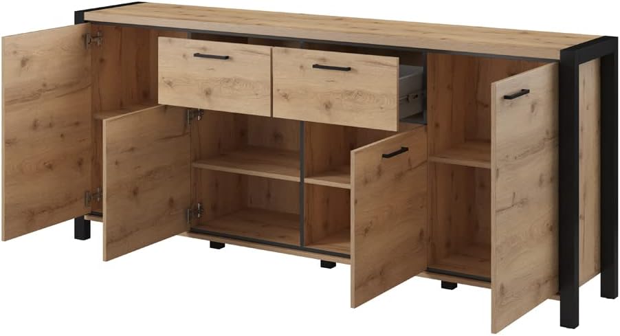 Lomadox Großes Wohnzimmer Sideboard in Taurus Eiche Nb. mit schwarzem Gestell, B/H/T: ca. 213/91/41 cm