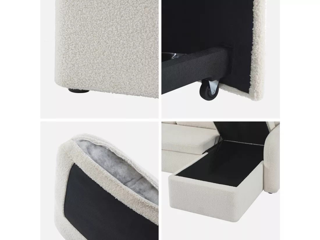 Canapé d'angle convertible en tissu bouclettes blanches - Milano - 3 places. fauteuil d'angle réversible coffre rangement lit modulable