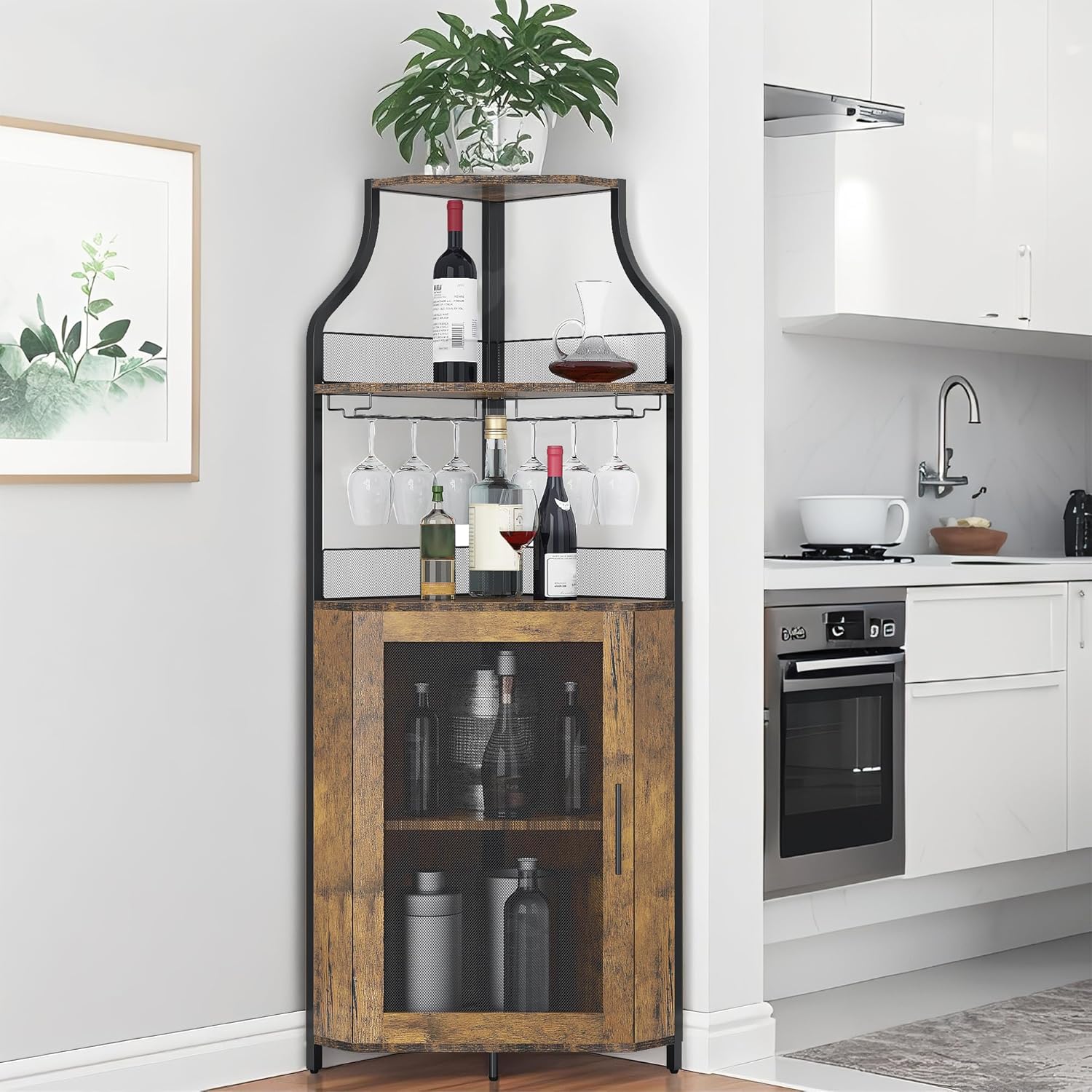 Eck-Weinschrank 154 cm – Bar Schrank Im Industrial Design Mit Glashalter, Gittertür & Verstellbaren Regalen – Platzsparender Eck-Barschrank Für Wohnzimmer, Küche & Esszimmer,Vintage-Farbe