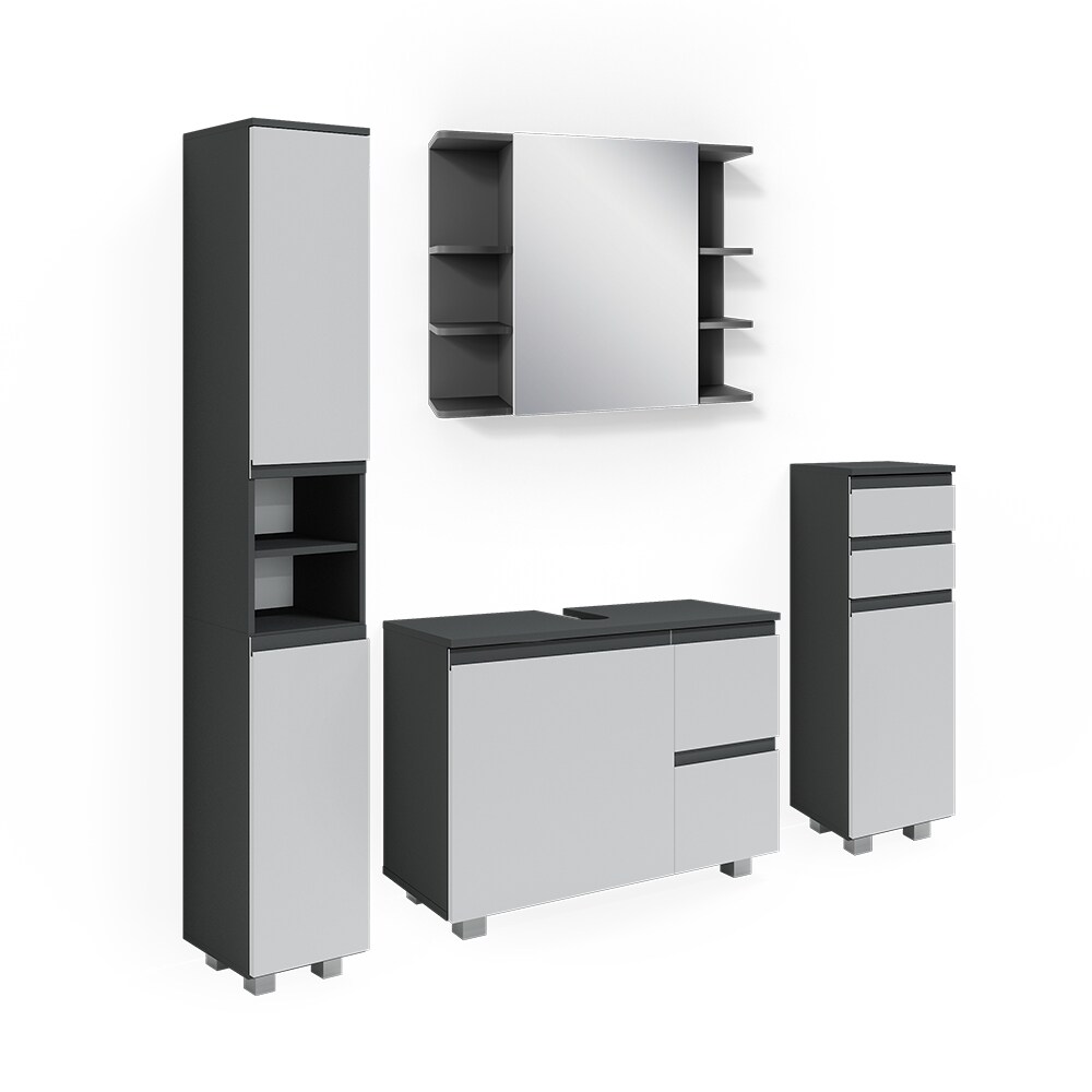 Vicco Badmöbelset J-shape Anthrazit Weiß modern Badezimmer Schrank Badschrank Waschtischunterschrank Spiegelschrank Midischrank Hochschrank Schranktür Schrankschublade Schrankfach Ablage Aufbewahrung