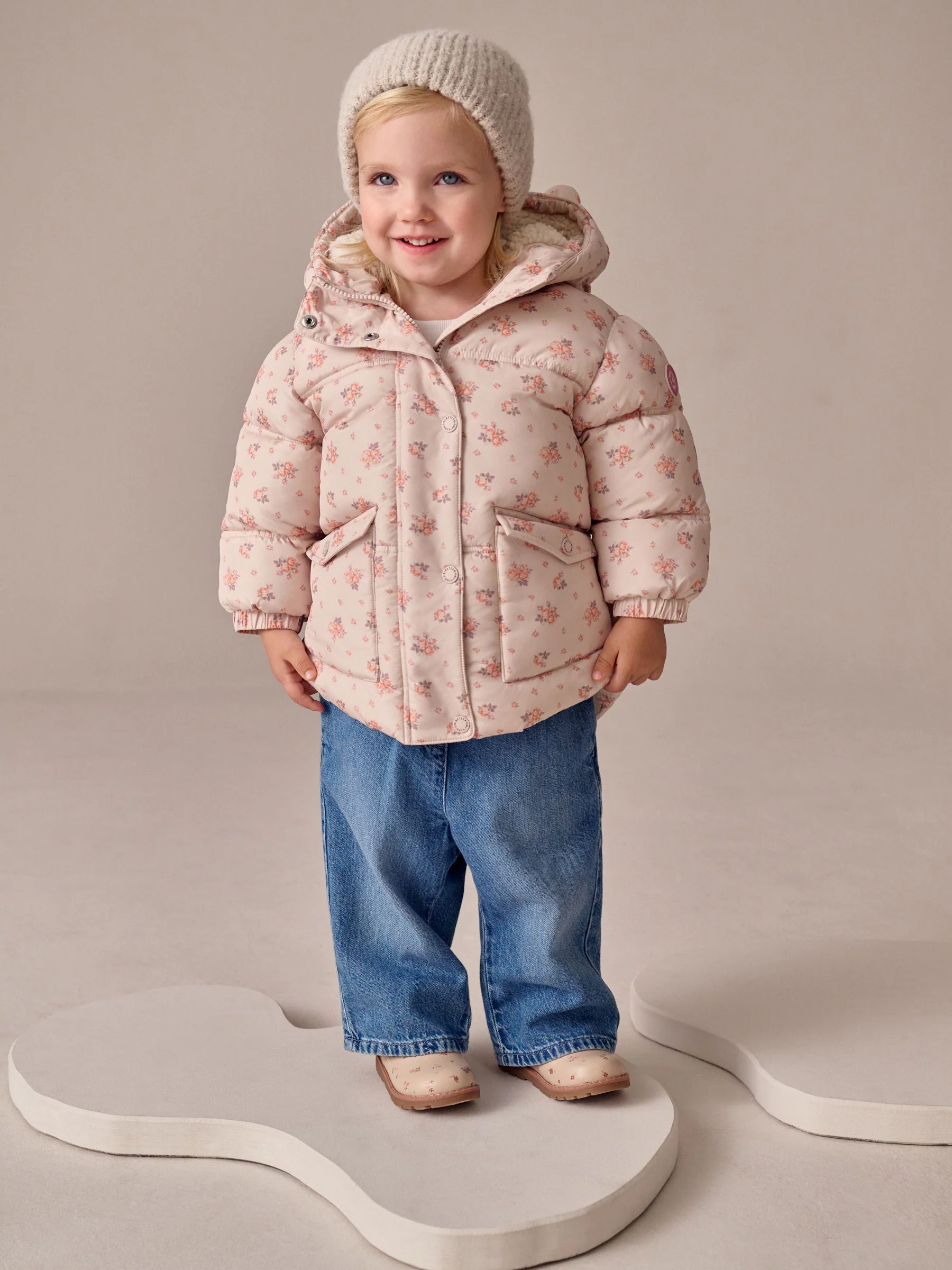 Crème Rose - Gewatteerde regenbestendige jas met print (3mnd-7jr