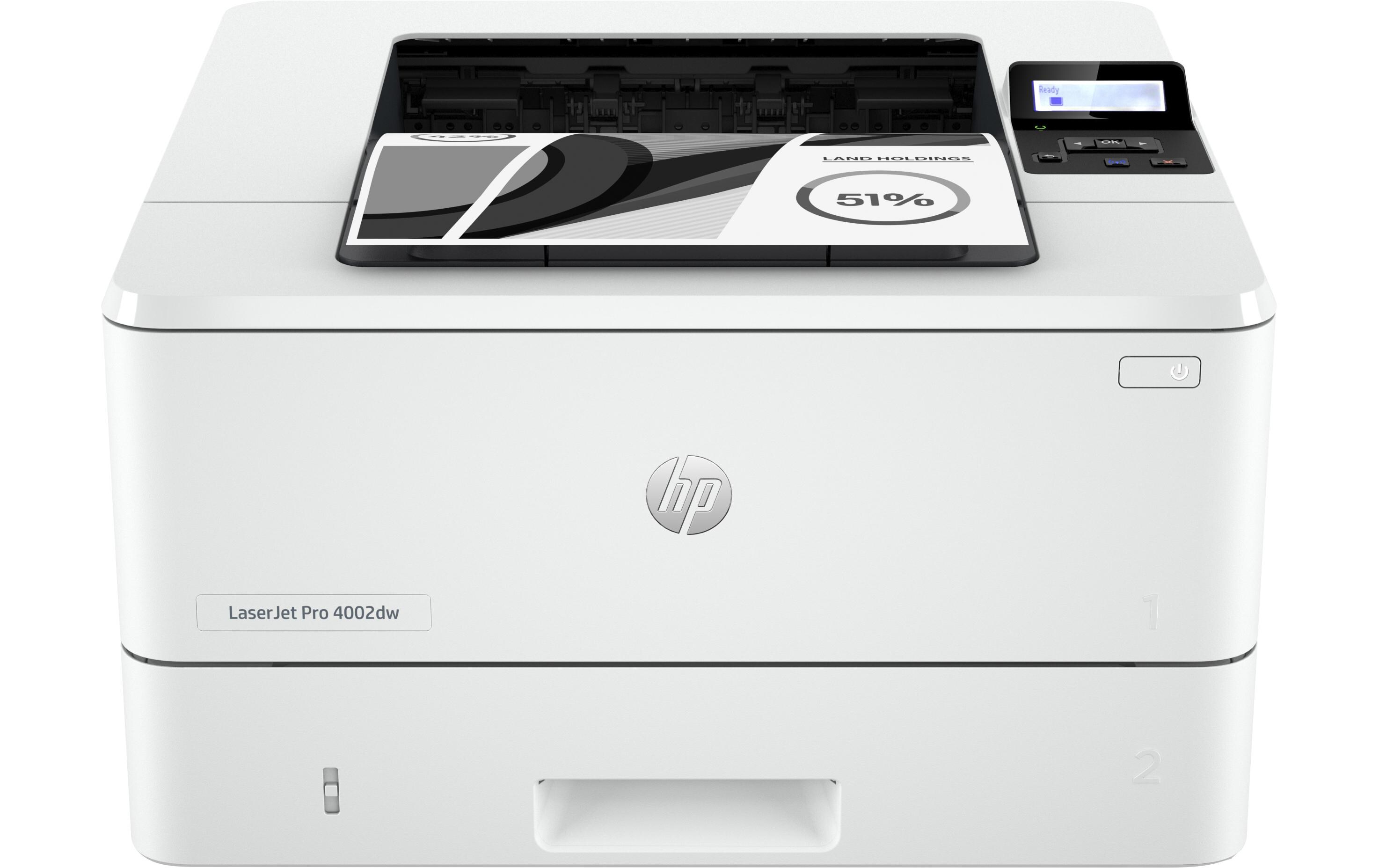 Drucker LaserJet Pro 4002dw<br>Laserdrucker mit schneller Aufwärmphase, zwei Papierfächern (Mehrzweckfach + Standardpapierfach) und Netzwerkanschluss