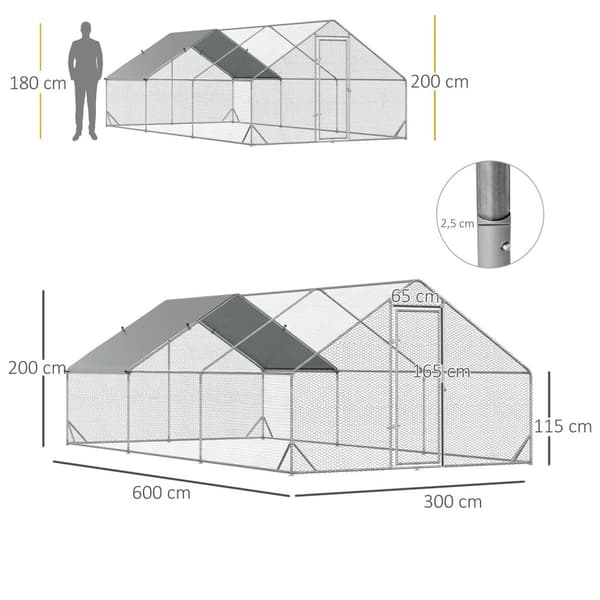 Hønsehus, 3 x 6 x 2 m, frittgående innhegning XXL, utendørs fjærfehus med skjerm, tak, for 12-18 kyllinger, ender, kaniner, stål