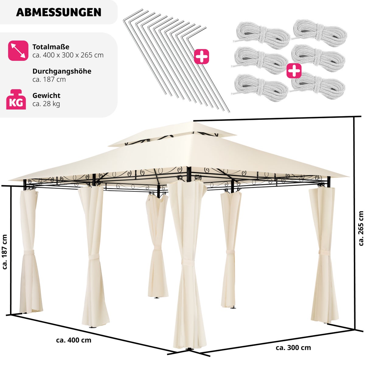 tectake Emine tuinpaviljoen 4 x 3 m inclusief scheerlijnen en haringen