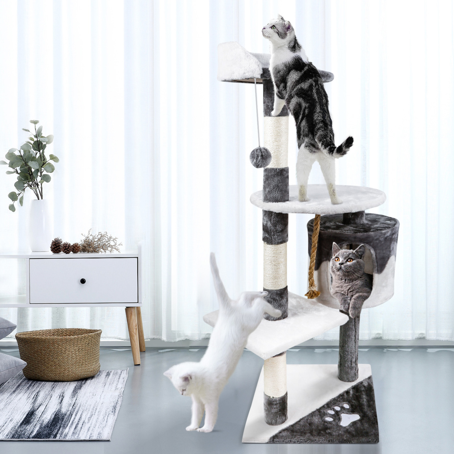 Árvore para Gatos Nobleza, Poste Arranhador com Plataformas, Cavernas de Pelúcia Macia, Postes Arranhadores de Sisal, Brinquedo de Bola, Cordão para Pendurar, Branco e Cinza, 60*56,5*111,5cm