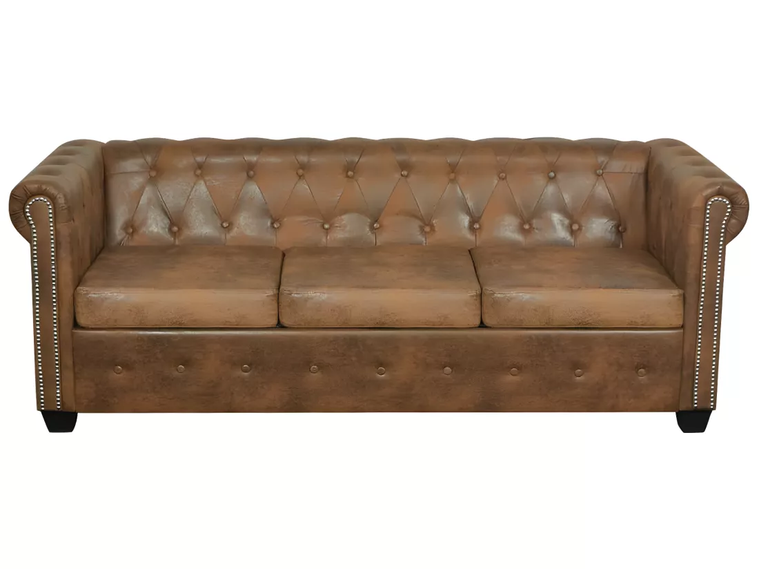 Canapé Chesterfield 3 places cuir artificiel marron