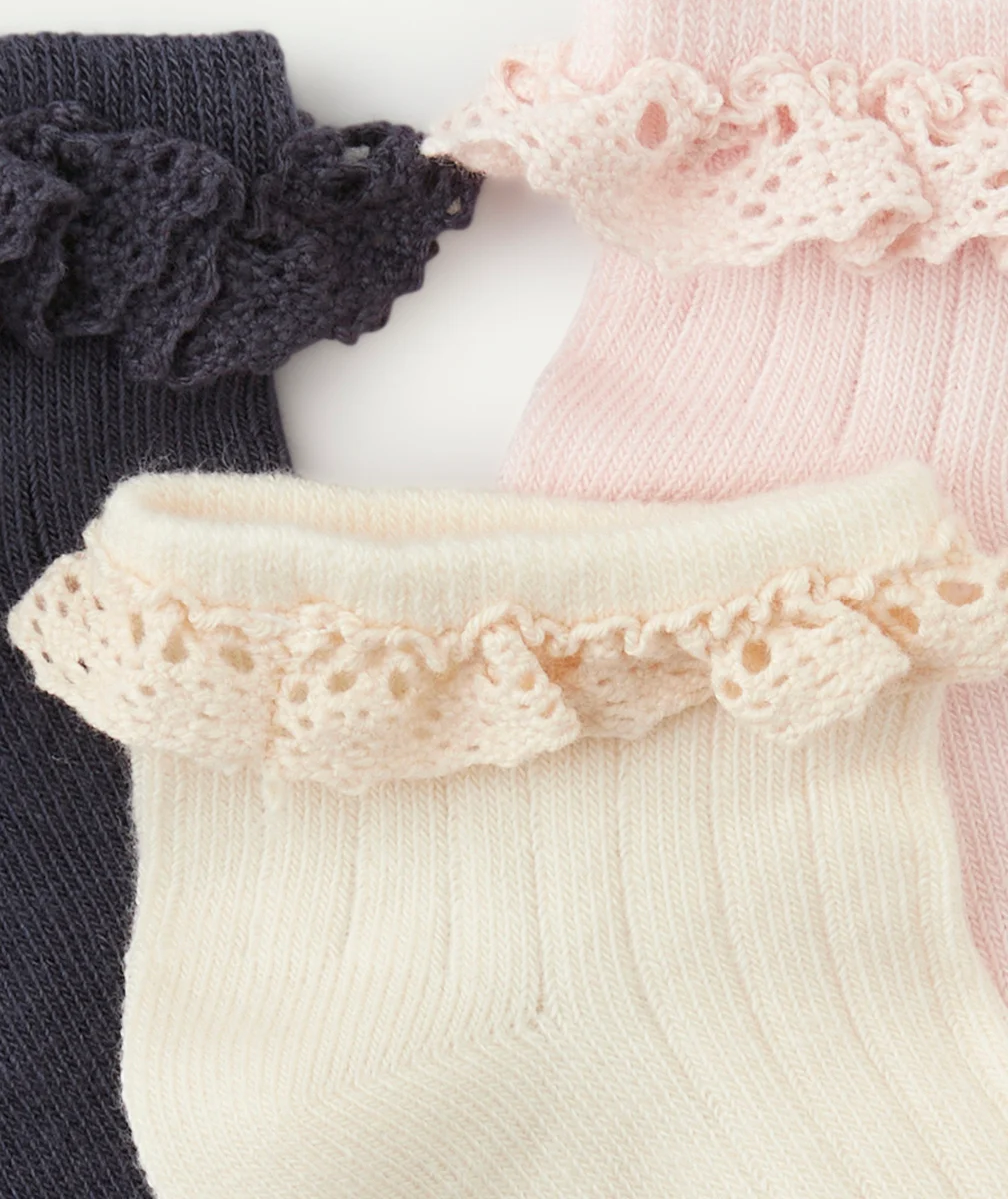LOT DE 3 CHAUSSETTES UNIES AVEC DÉTAILS EN BRODERIE