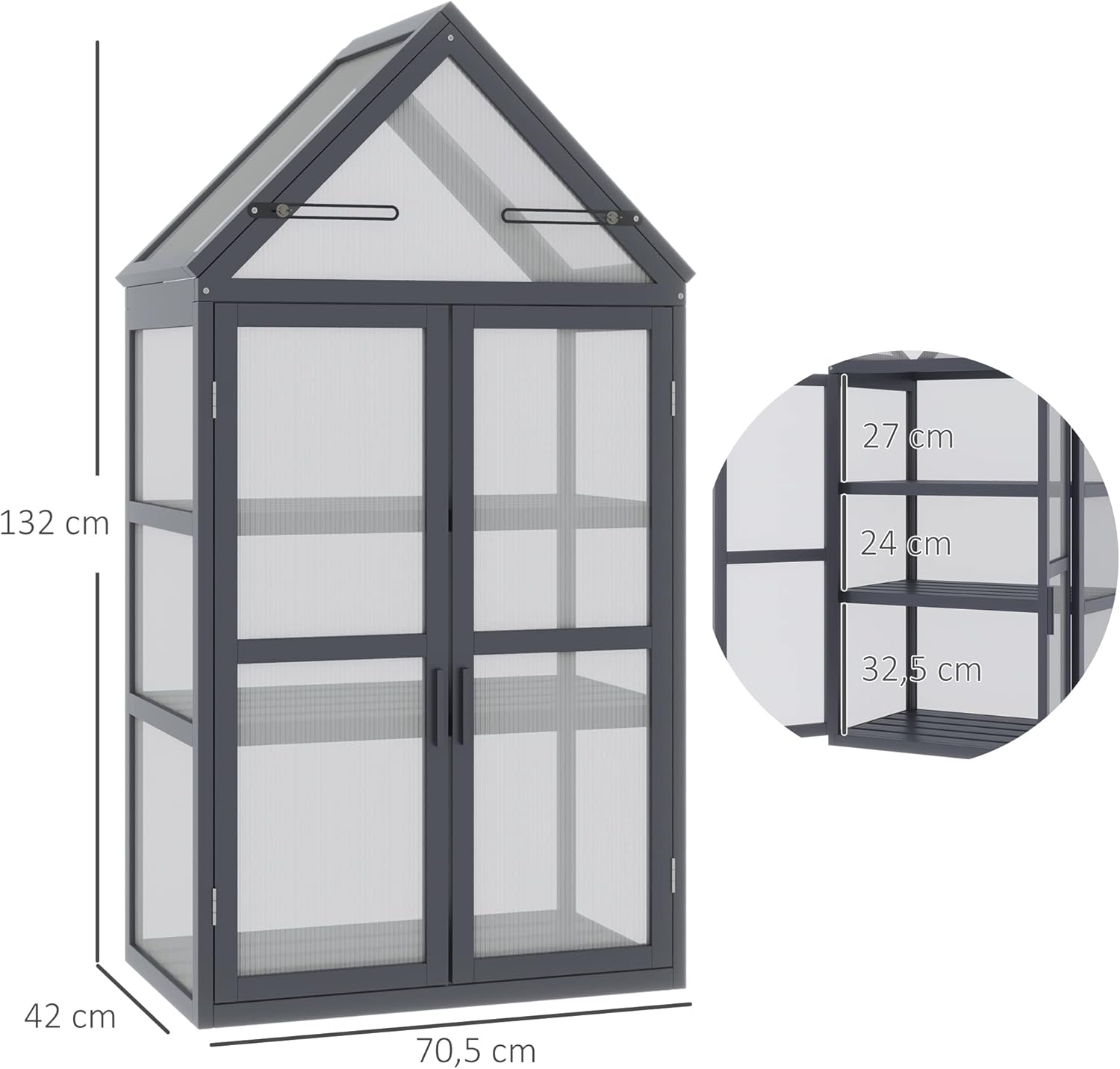 Outsunny Frühbeet Pflanzenbeet mit 3 Ebenen, aufklappbarem Dach wetterfest Mini Gewächshaus mit Doppeltüren Treibhaus aus Holz Polycarbonat Natur 70,5 x 42 x 132 cm