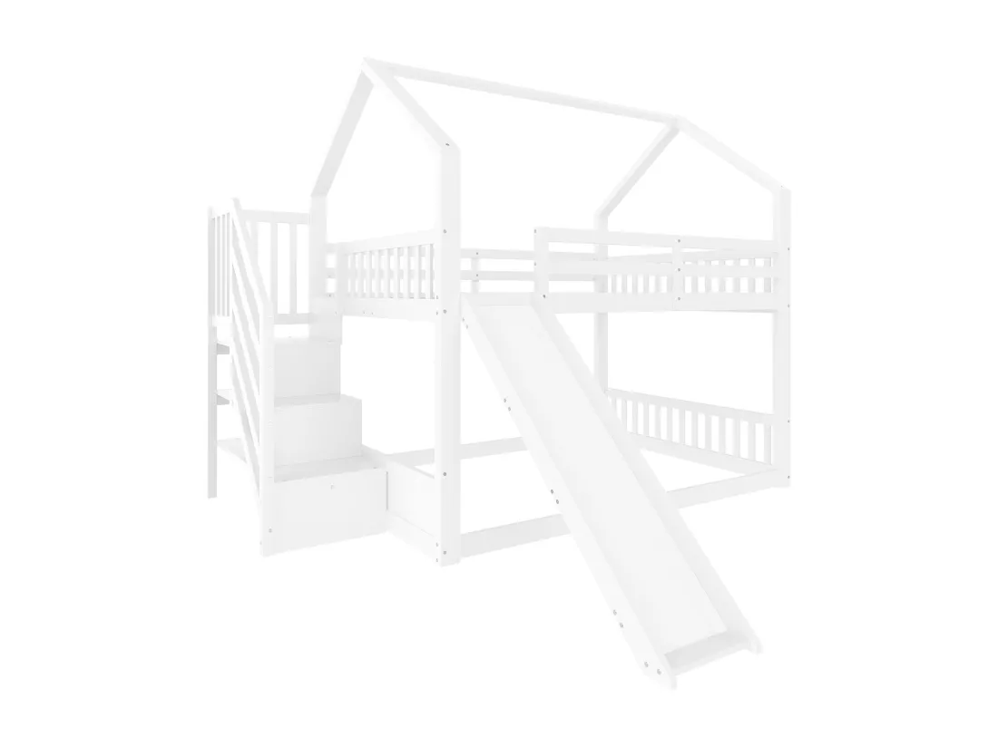 Lit superposé 140x200cm en bois - avec barrières + escalier de rangement + toboggan - Blanc