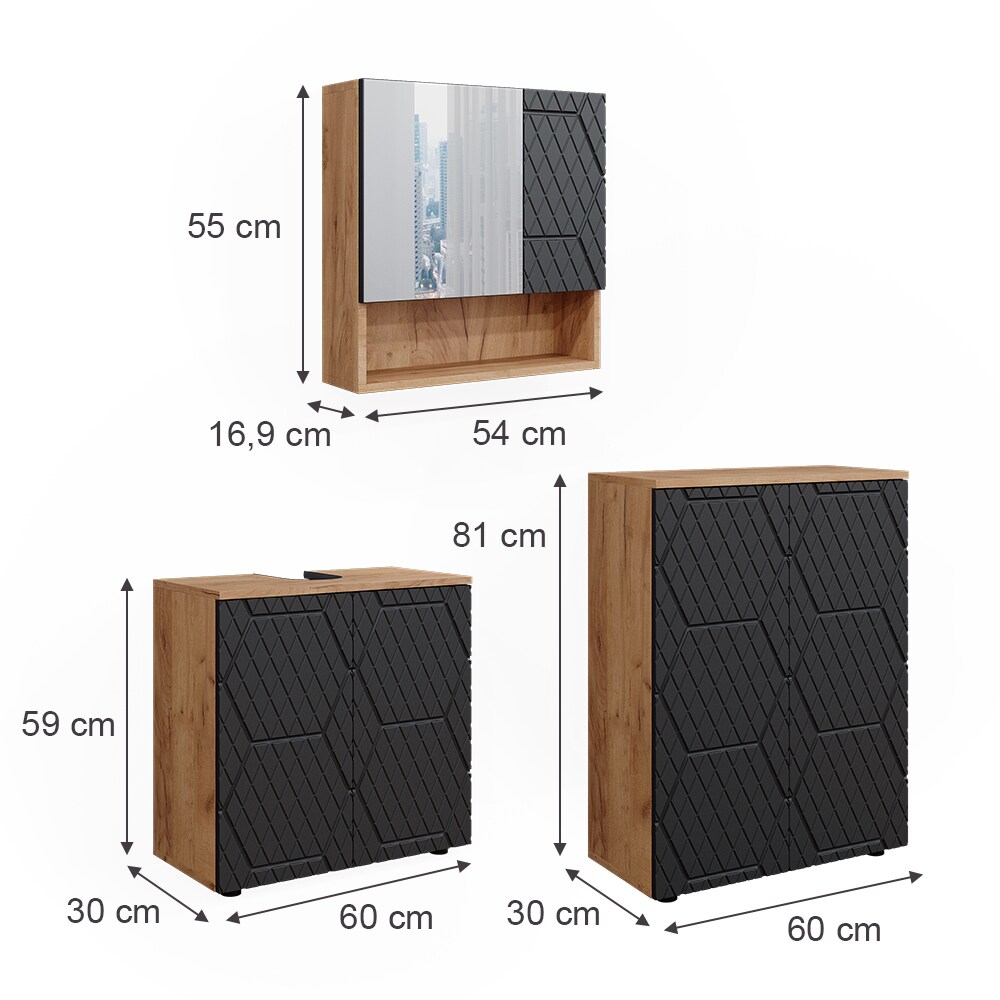 Vicco Badmöbel-Set Irma Eiche Anthrazit 3-teilig Kommode Waschbeckenschrank 60 cm