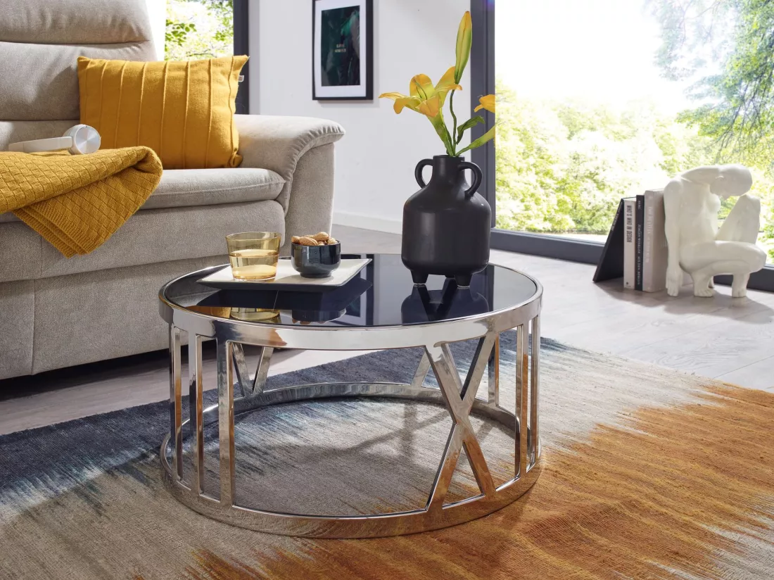 Table Basse de Salon Verre et Métal 60x60x30 cm Ronde Argent | Petite Table de Canapé | Design Table d'appoint Style Moderne